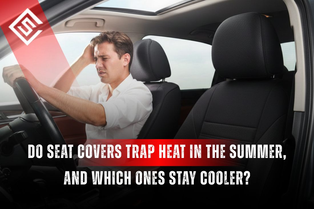 Driver sweating in hot car interior highlighting how seat covers can trap heat during summer driving conditions.