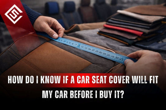 Hands measuring a car seat cover to check proper fit before buying based on seat shape trim layout and airbag compatibility.