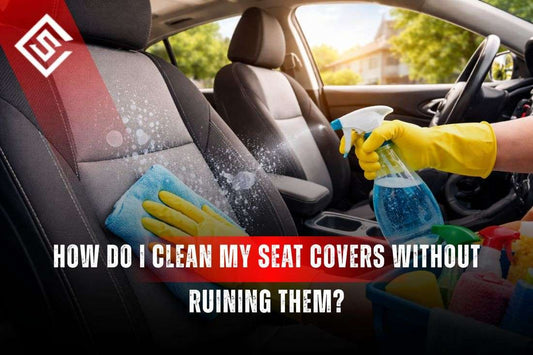 Cleaning car seat covers gently with spray and cloth, showing how to clean seat covers without ruining them or damage.
