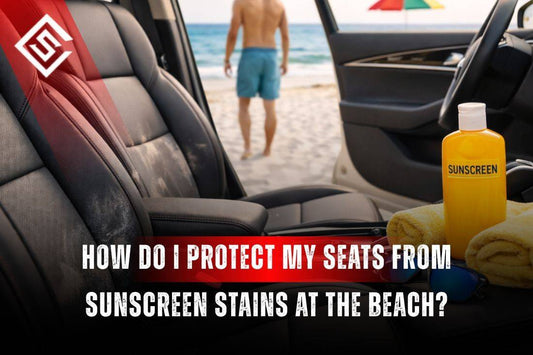 Car seat at beach with sunscreen bottle and towel showing how to protect seats from sunscreen stains after beach trips.