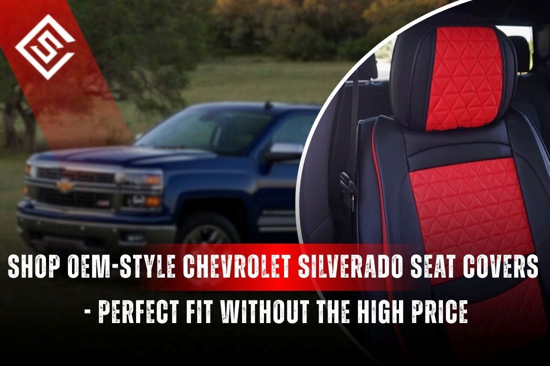 OEM-style Chevrolet Silverado seat covers showing factory-fit red and black interior with durable, dealership-free value.