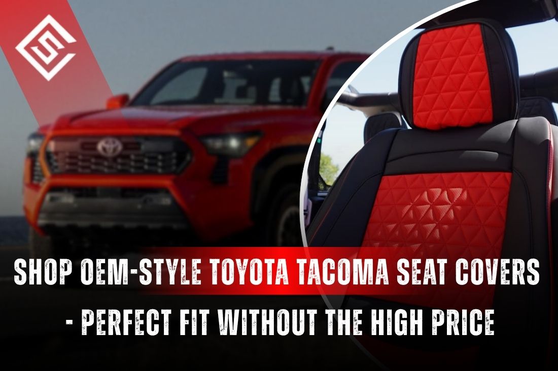 OEM-style red and black Toyota Tacoma seat covers with 2026 Tacoma exterior, showcasing precise fit and rugged protection.