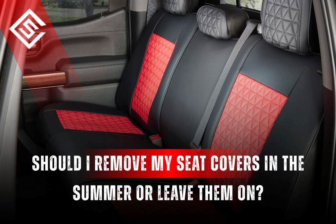 Car interior with perforated black and red seat covers showing why leaving seat covers on in summer improves comfort.