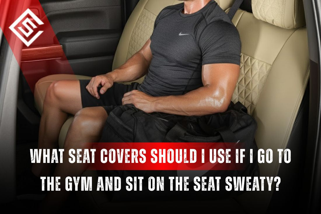 Sweaty gym-goer sitting on a car seat with waterproof seat covers that block sweat, prevent odor, and protect upholstery.