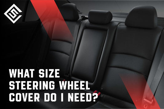 Feature image of car interior with text asking what size steering wheel cover do I need, guide on measuring for proper fit.
