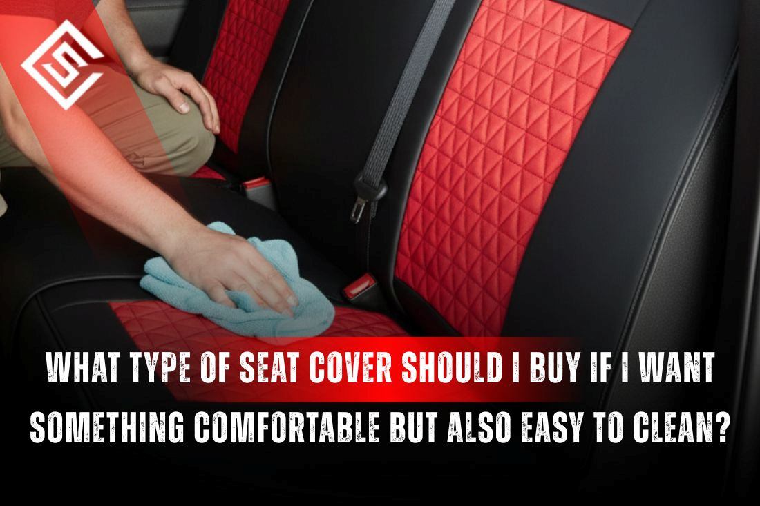 Person wiping eco leather seat cover, showing comfortable and easy to clean seating for daily driving, spills, and pets.