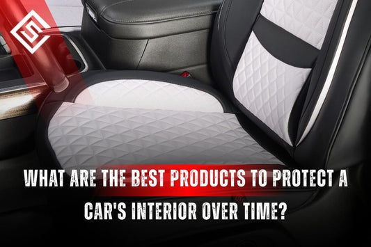 Quilted car seat with protective cover showing products to protect a car's interior from wear, spills, and long-term damage.