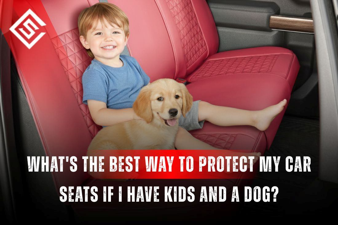 Smiling child and puppy on red back seat, illustrating smart seat cover protection for car interiors with kids and dogs.