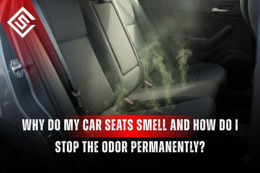 Car interior with fabric seats emitting odor fumes, showing why car seats smell and how to stop the odor permanently.