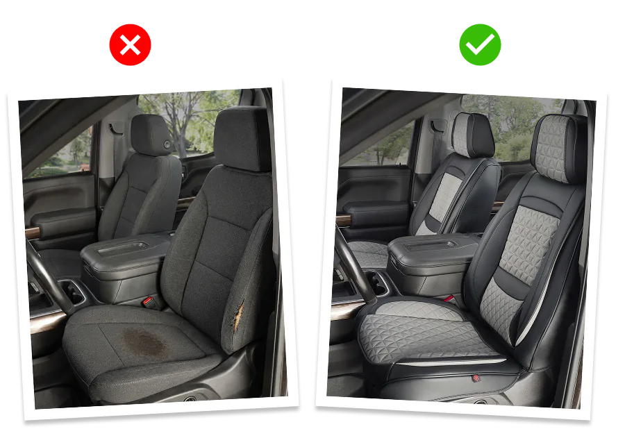Before and after: stained factory truck seat vs Seat Cover Solutions cover